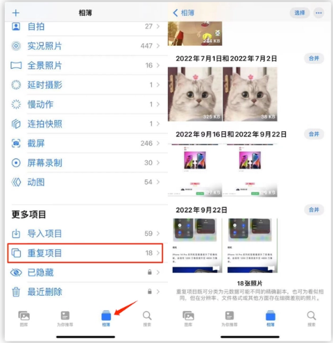 荔浦苹果手机维修分享iOS 16 中相册重复项目功能使用方法 