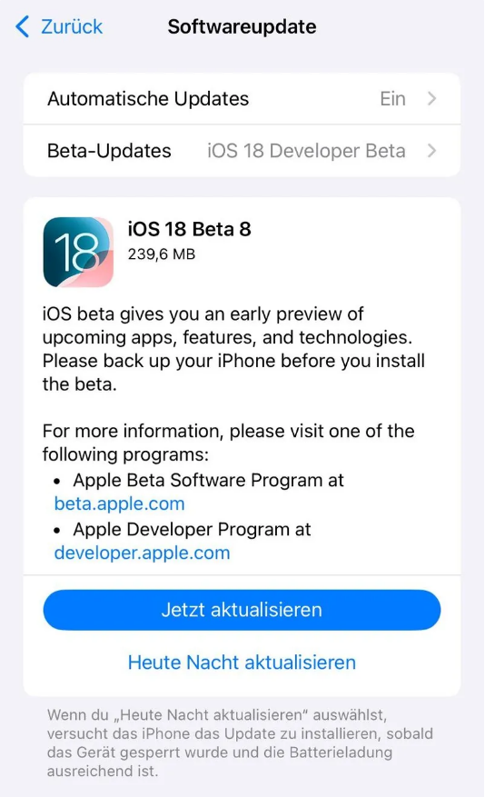 荔浦苹果手机维修分享苹果 iOS / iPadOS 18 开发者预览版 Beta 8 发布 